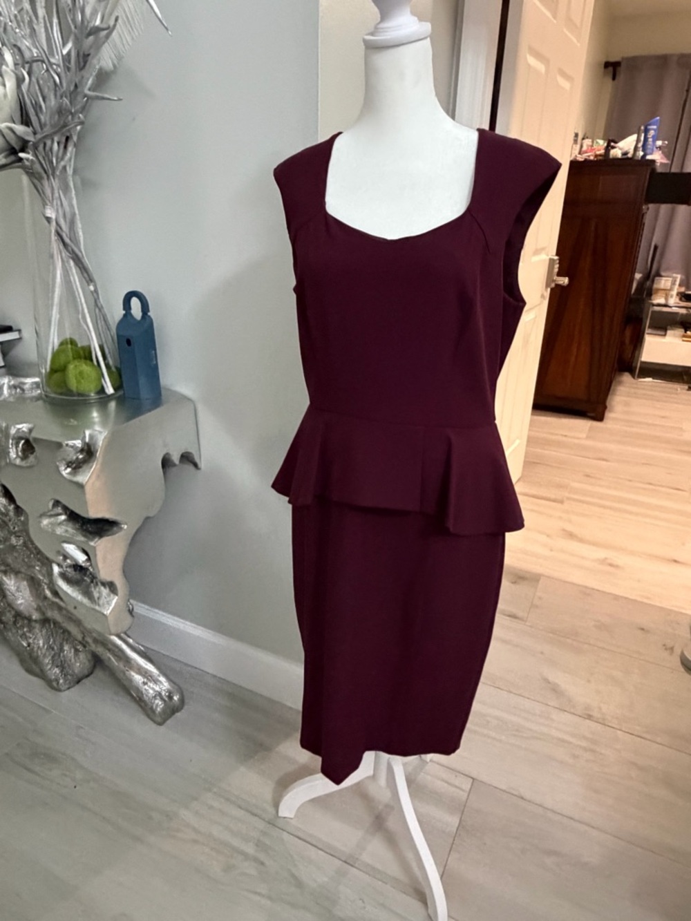White House Black Market Sleeveless Peplum Midi Dress in Burgundy